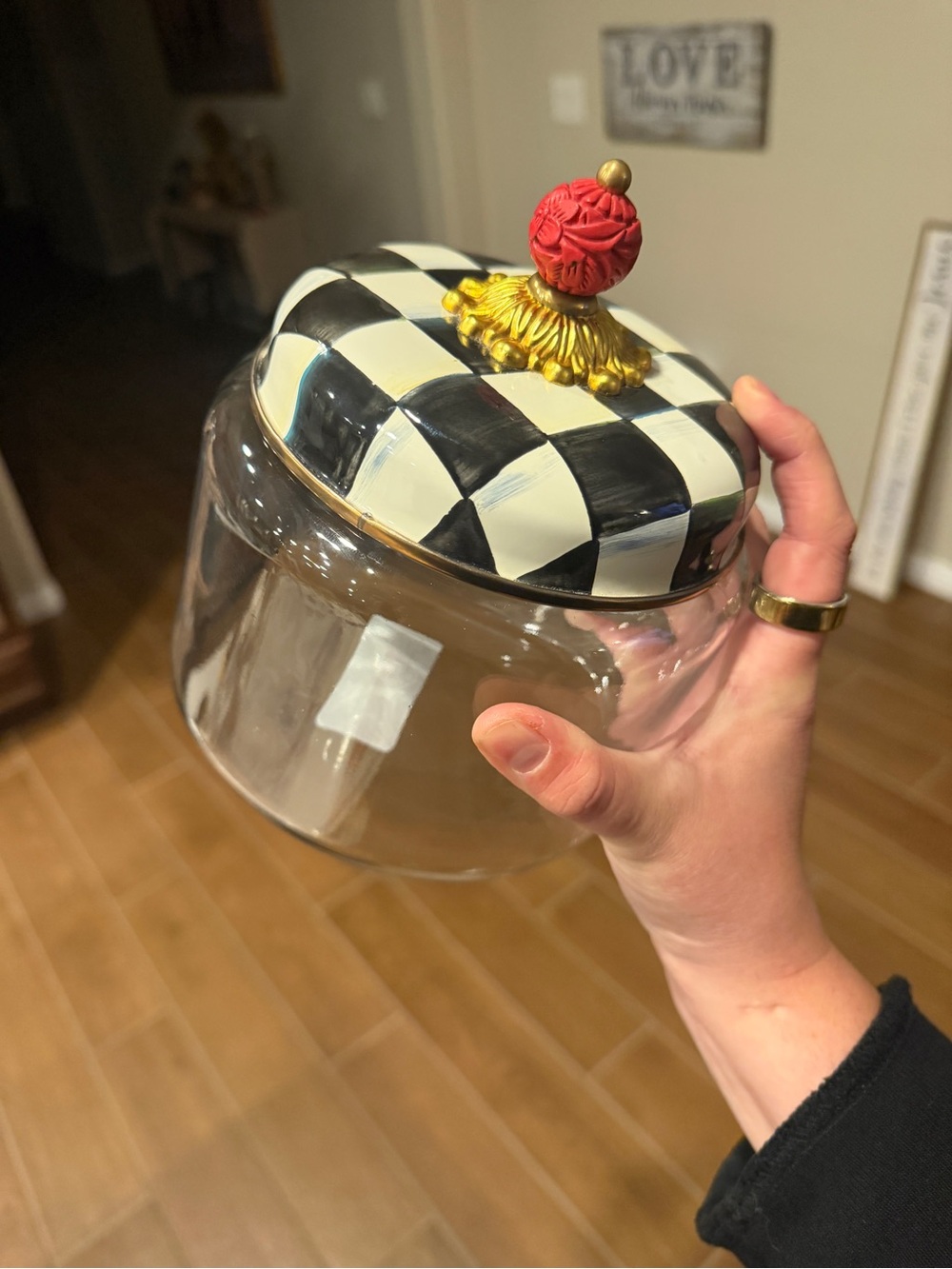 Mackenzie Childs Checkerboard Glass Jar with Decorative Red-Gold Knob